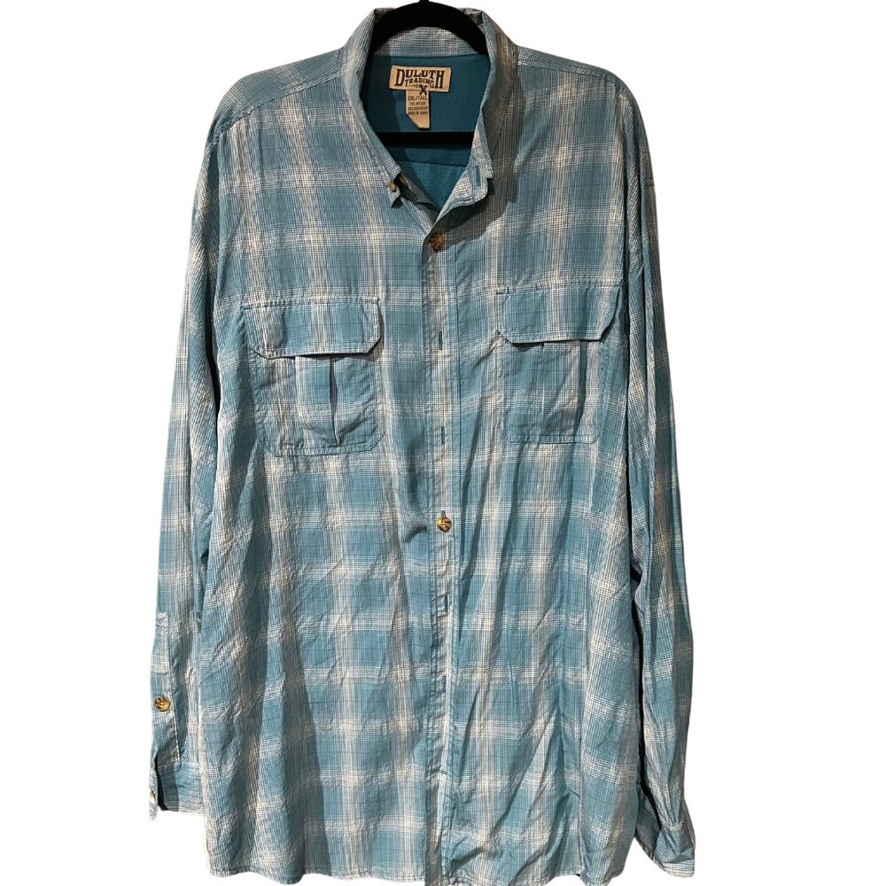Duluth Trading Blue/White Plaid Button Down Shirt | 2XL Tall